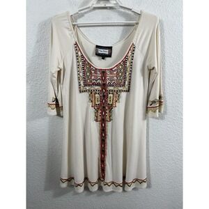 Vintage‎ Collection Shirt Womens Small Cream Embroidered Tunic Boho 3/4 Sleeve